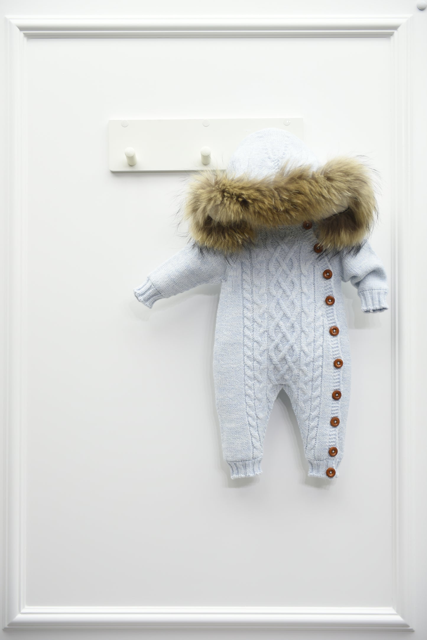 Knitted Jumpsuit With Fur Collar Blue