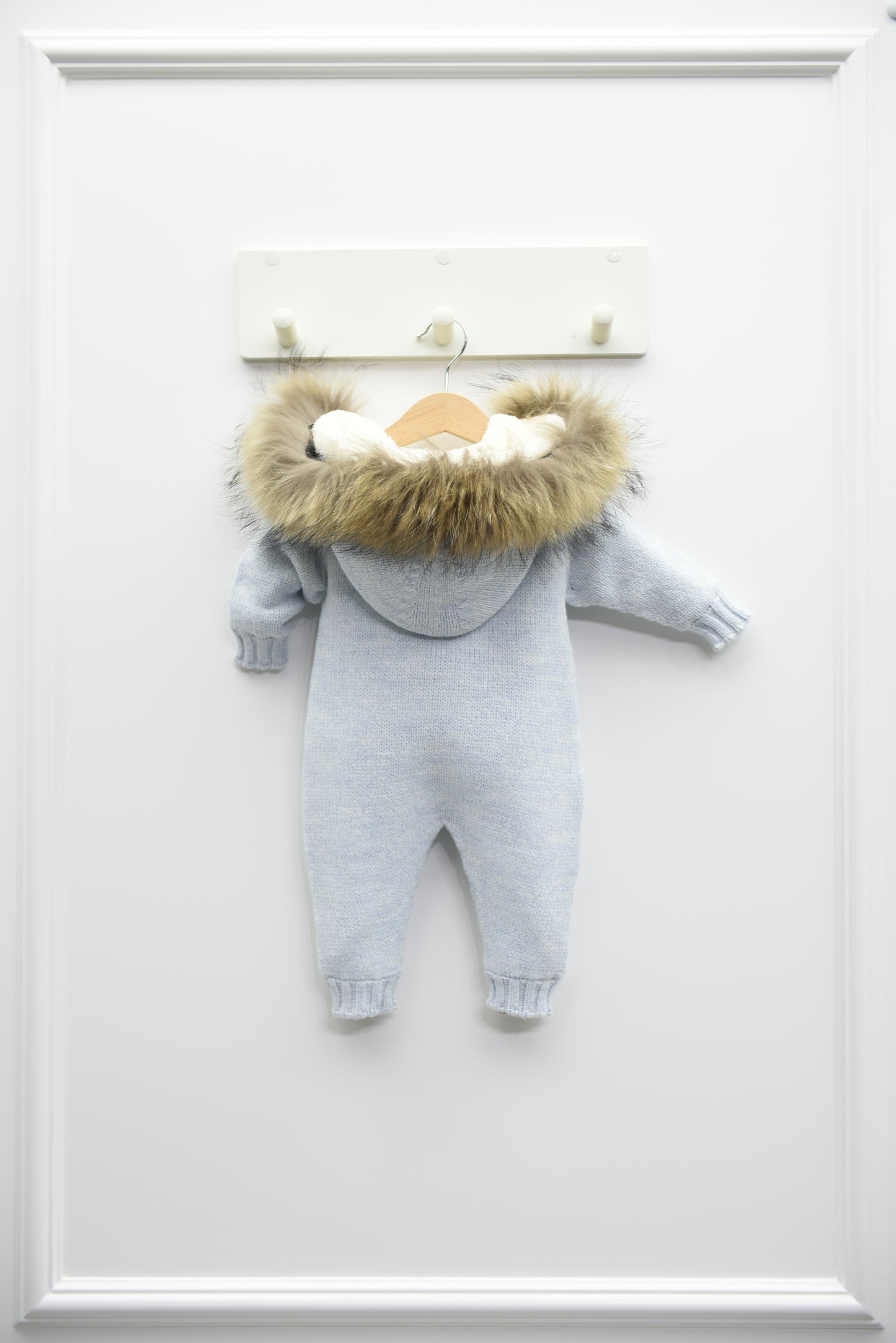 Knitted Jumpsuit With Fur Collar Blue