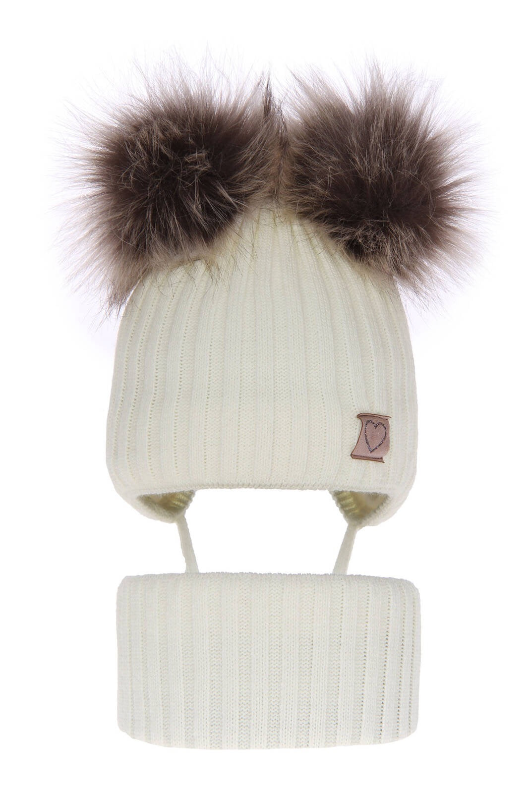 Winter set of hat and tube scarf with two pompoms in cream color