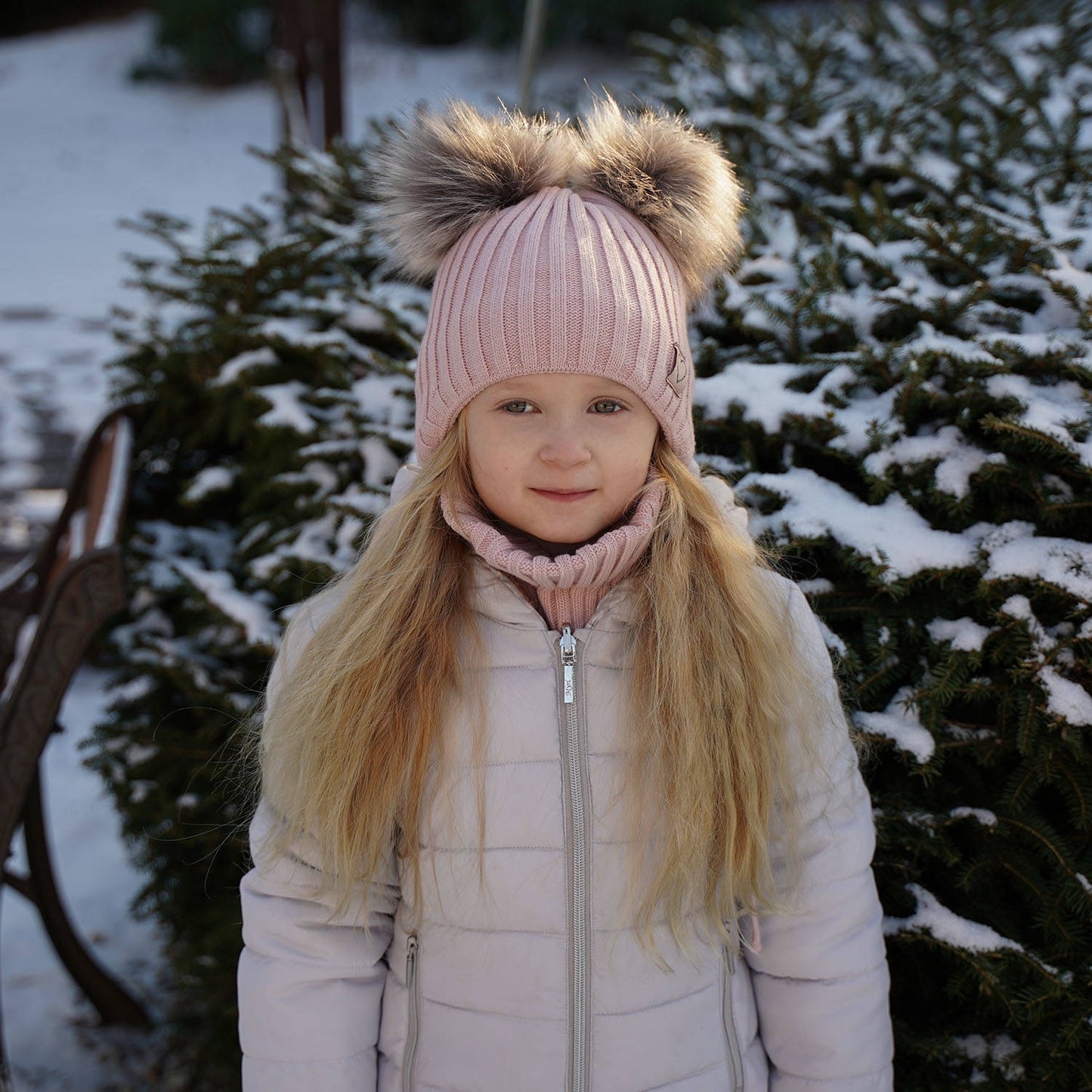 Winter set of hat and tube scarf with two pompoms in cream color