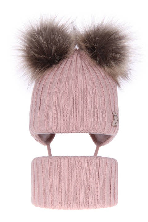 Set invernale composto da cappello e sciarpa a tubo con due pompon ROSA