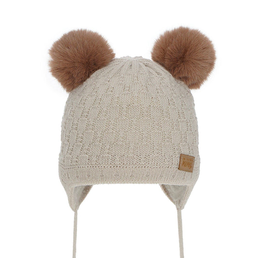 Wintermütze für JUNGE mit zwei Bommel BEIGE FARBE